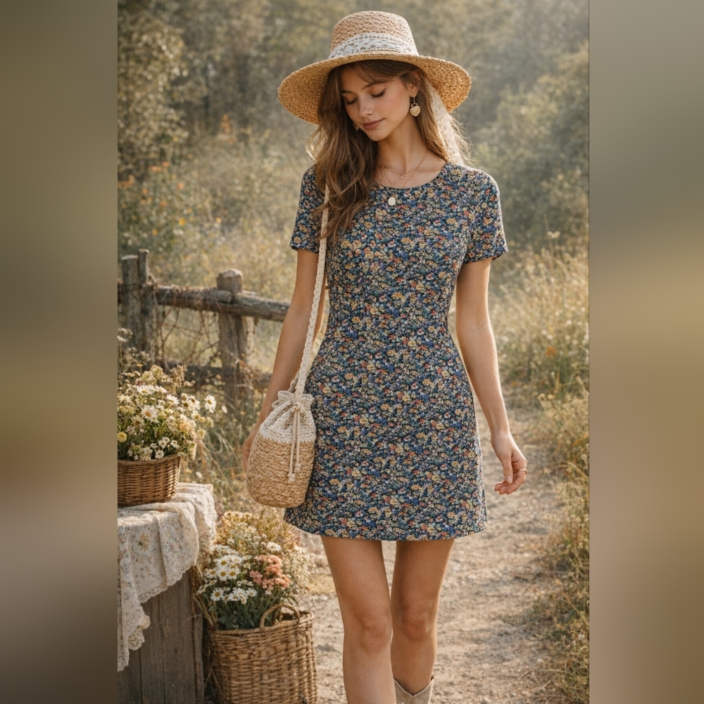 Floral Short Sleeve Mini Dress in Navy Blue